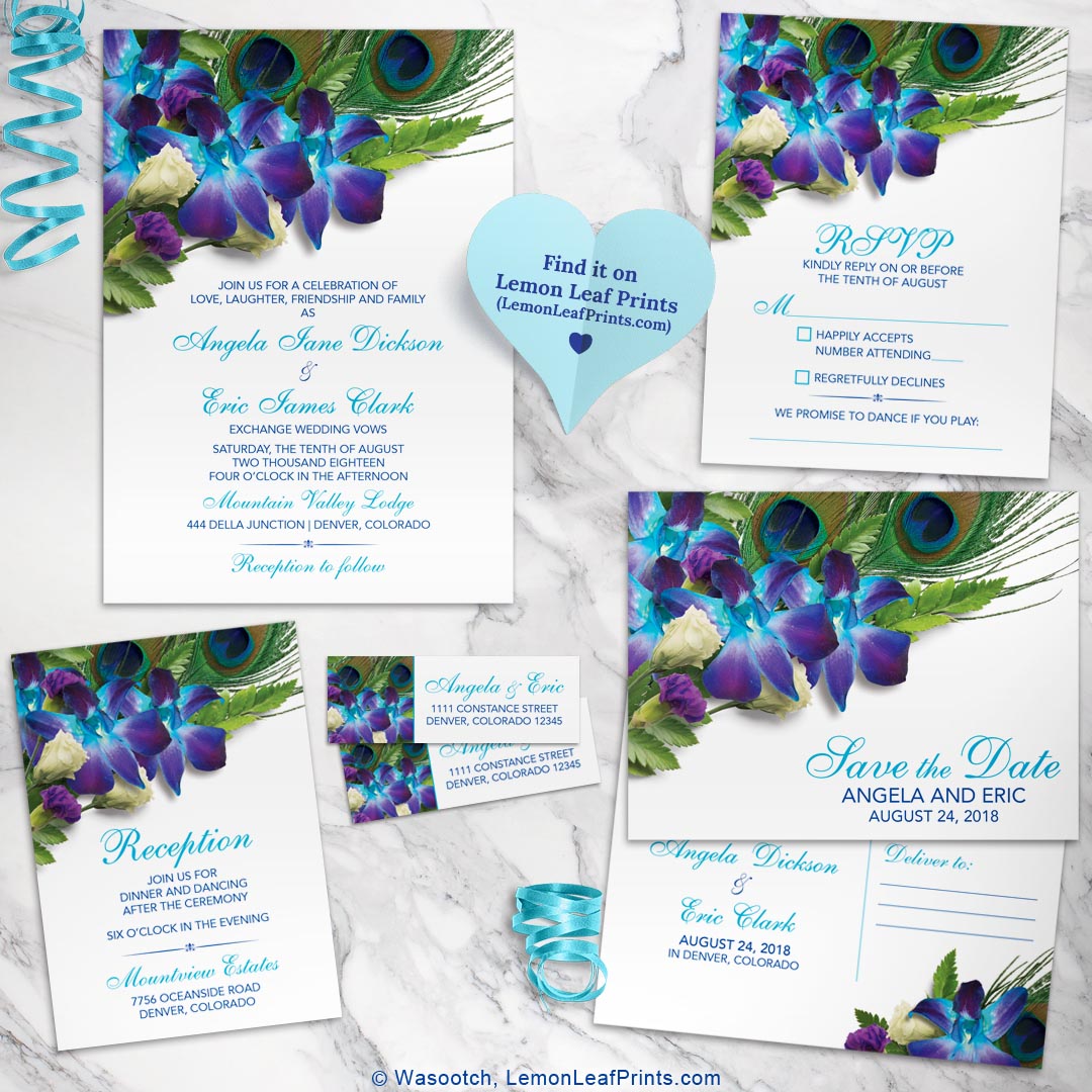 Trendy blue dendrobium orchid peacock feather wedding invitation set