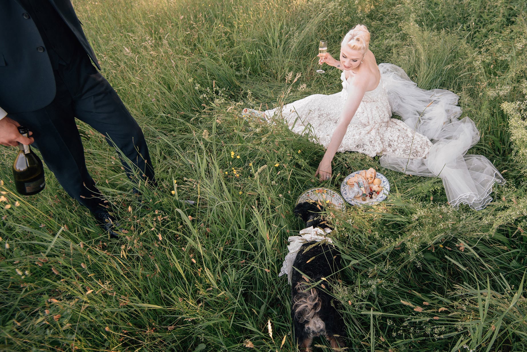 A Julie Pepin photo depicting a bride sits in a grassy field, holding a glass of champagne, next to two dinner plates. A small black dog eats from one of the dinner plates, and the bride reaches toward the dog. The groom stands nearby, holding a bottle of champgane.