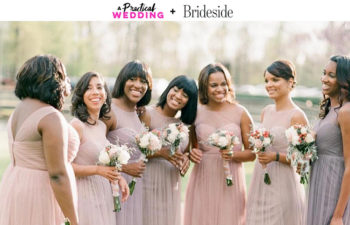 Women holding bouquets wearing mismatched pastel dresses with banner A Practical Wedding + Brideside above