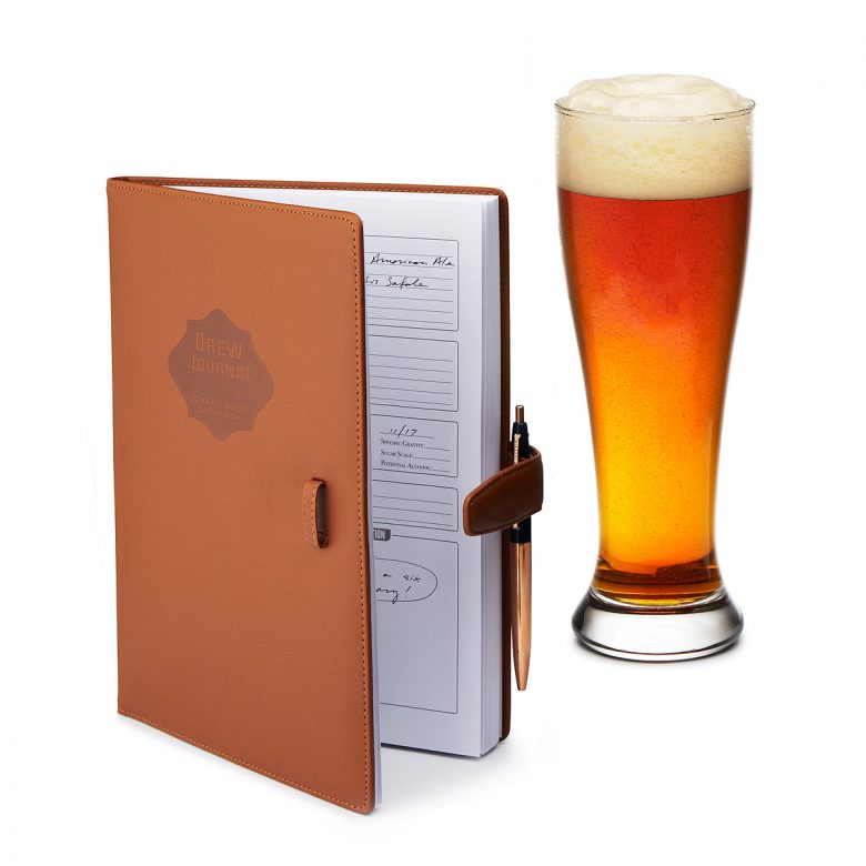 brown leather homebrew journal with beer