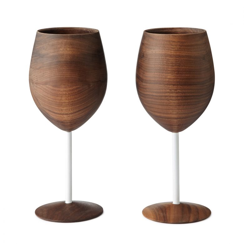 wooden wine goblets with white stem