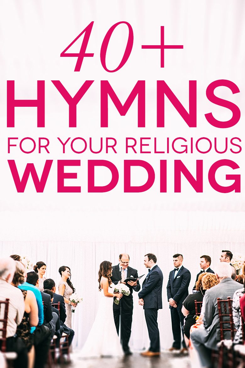 Bride and groom during wedding ceremony with text "wedding hymns"