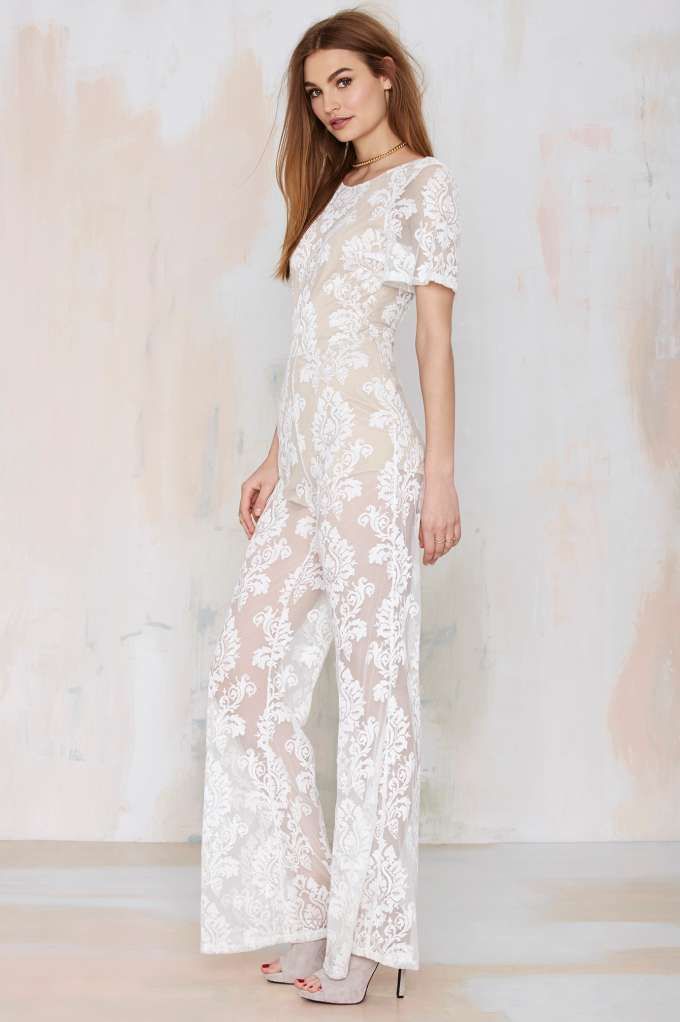 Short sleeved lace jumpsuit from Nasty Gal | A Practical Wedding
