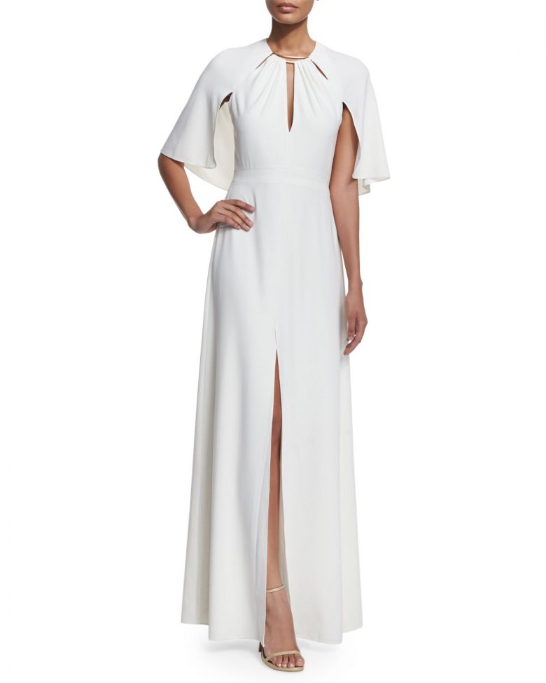 Neiman Marcus slit front wedding dress with cape | A Practical Wedding
