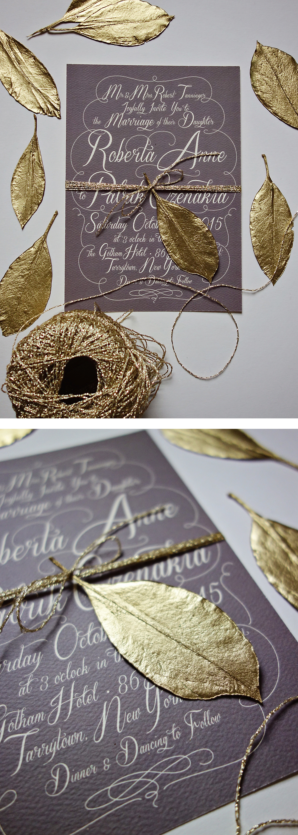 gold leaf embellishments for wedding invitations