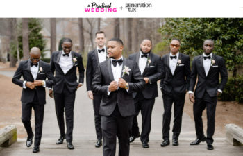 A groom adjusting his lapels with his groomsmen, all wearing GenTux suits and walking across a bridge. The text above the image reads A Practical Wedding + Generation Tux