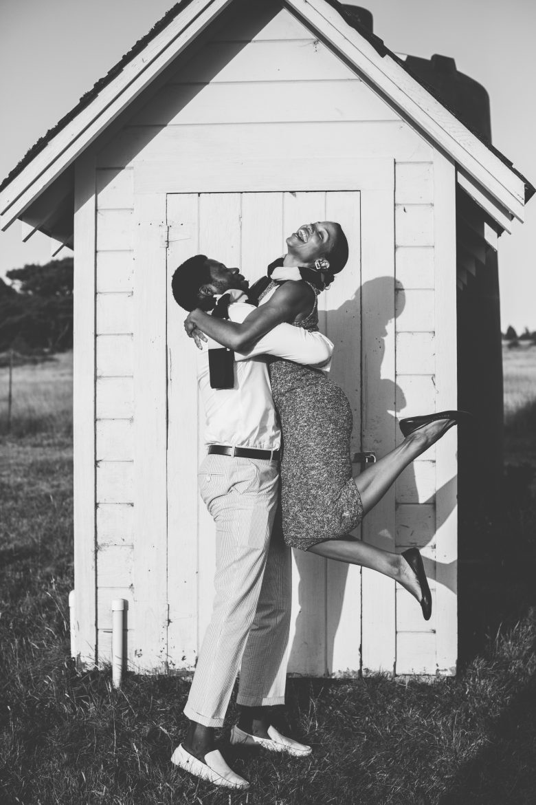 black and white photo of happy couple