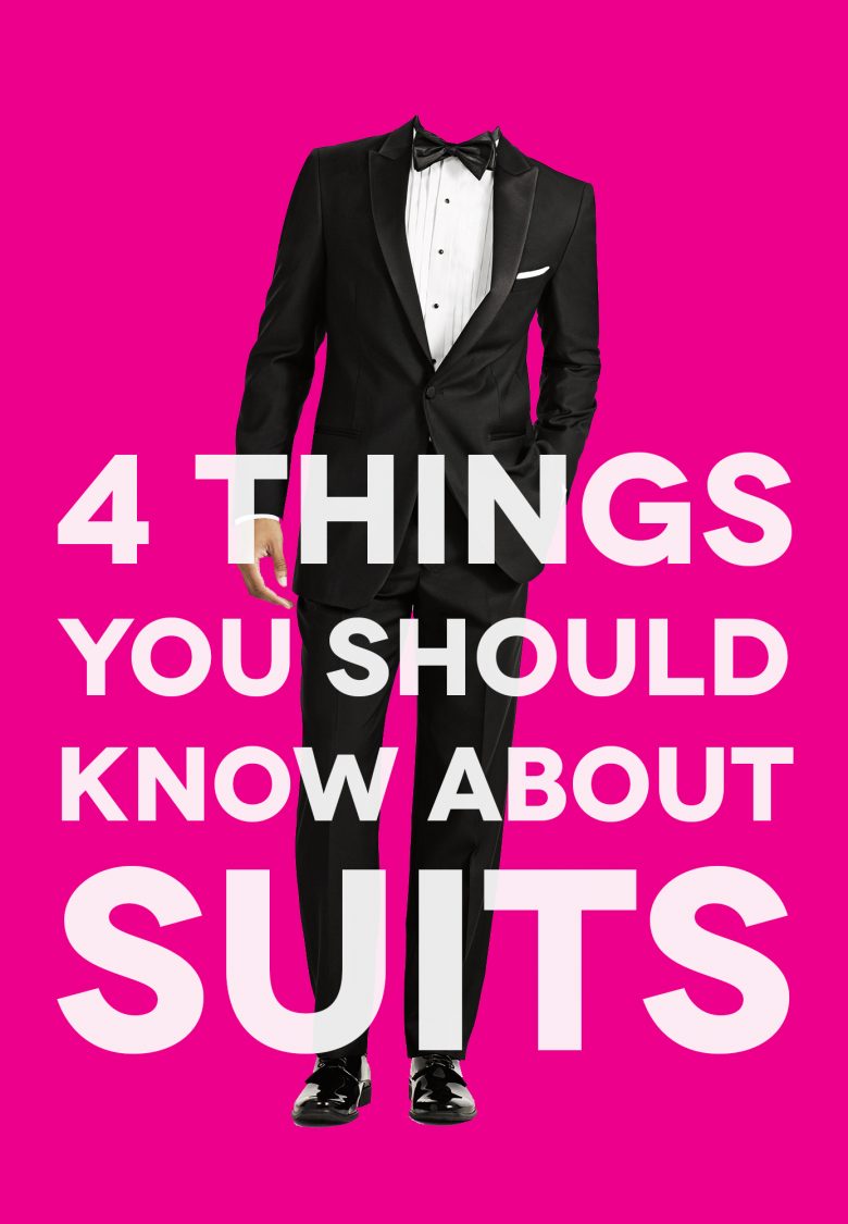 image of a disembodied wedding suit for men on neon pink background with graphic that says 4 things you should know about suits