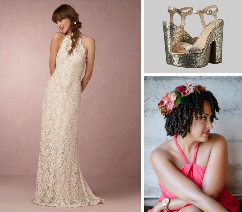 Model in lace dress, gold glitter platforms, curls in a flower crown