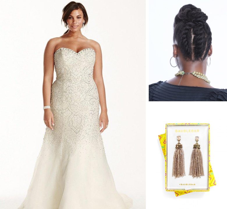 Strapless beaded wedding dress, natural hair twist updo, beaded earrings