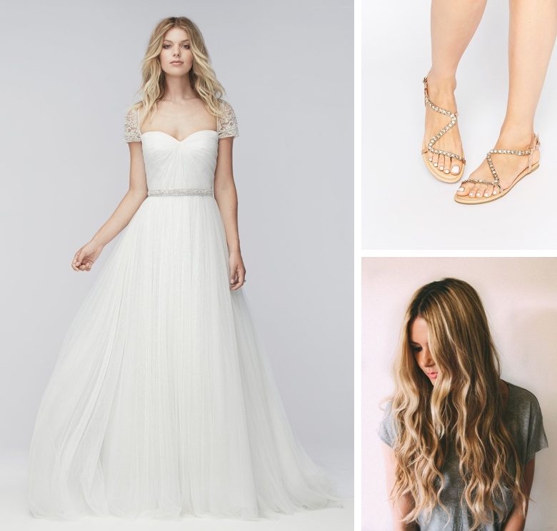 Cap sleeve white dress with beadings, beaded sandals, curly long blonde haired model