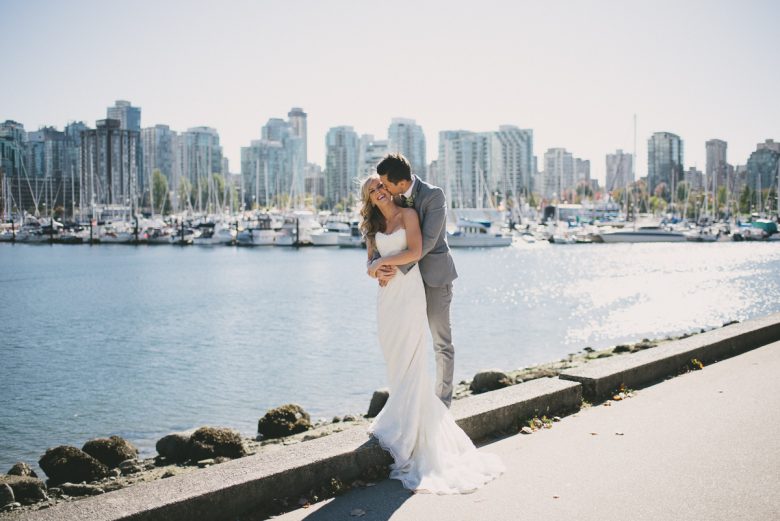 bride and groom by city skyline