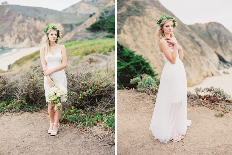 Two photos of a girl in different bridal separates on a mountainside