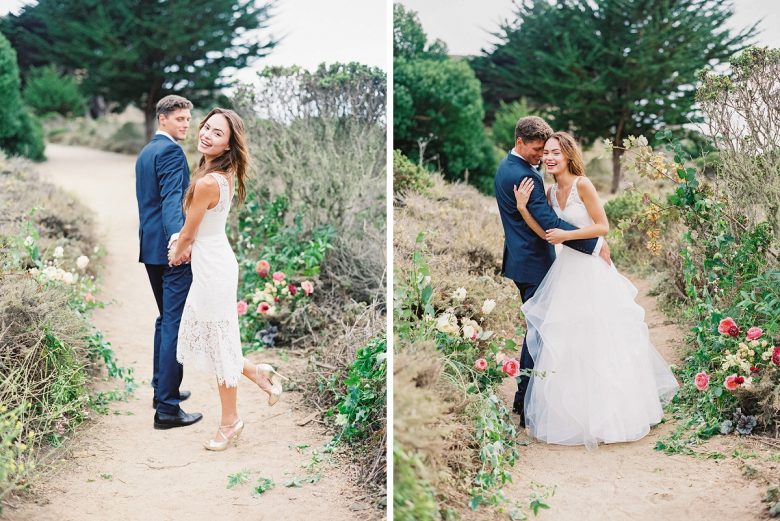 Two photos of a bride and groom walking on sandy path