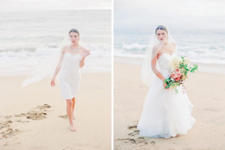 Two photos of veiled girl in bridal seperates on a beach