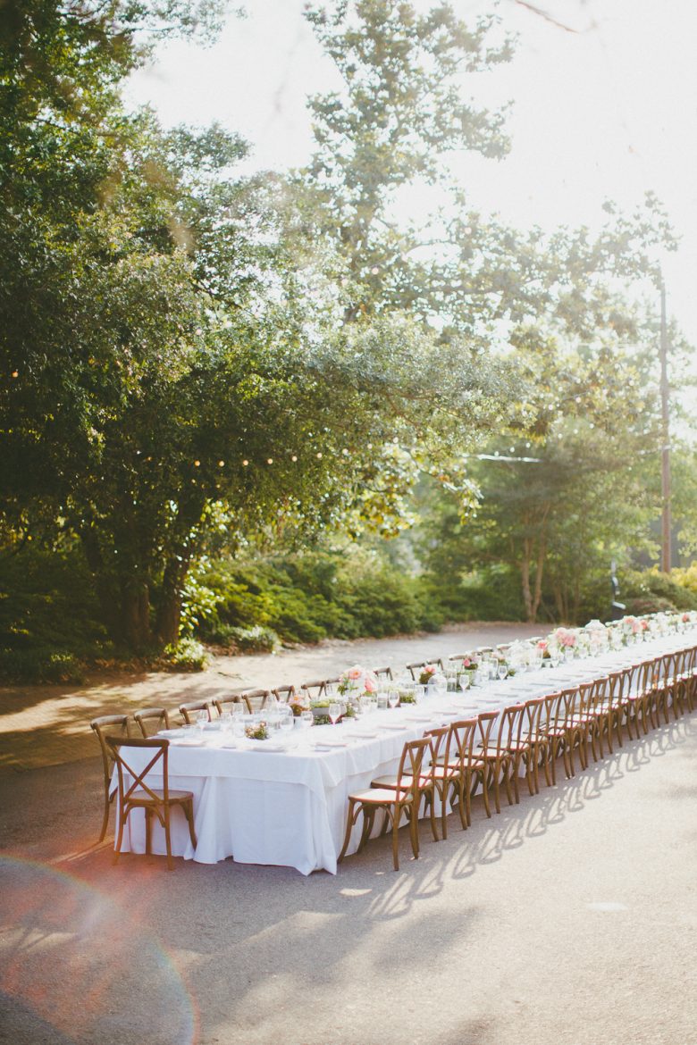 long table under trees