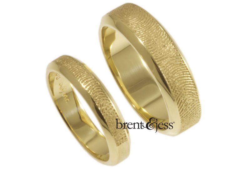 beveled edge gold brent and jess fingerprint weddings bands