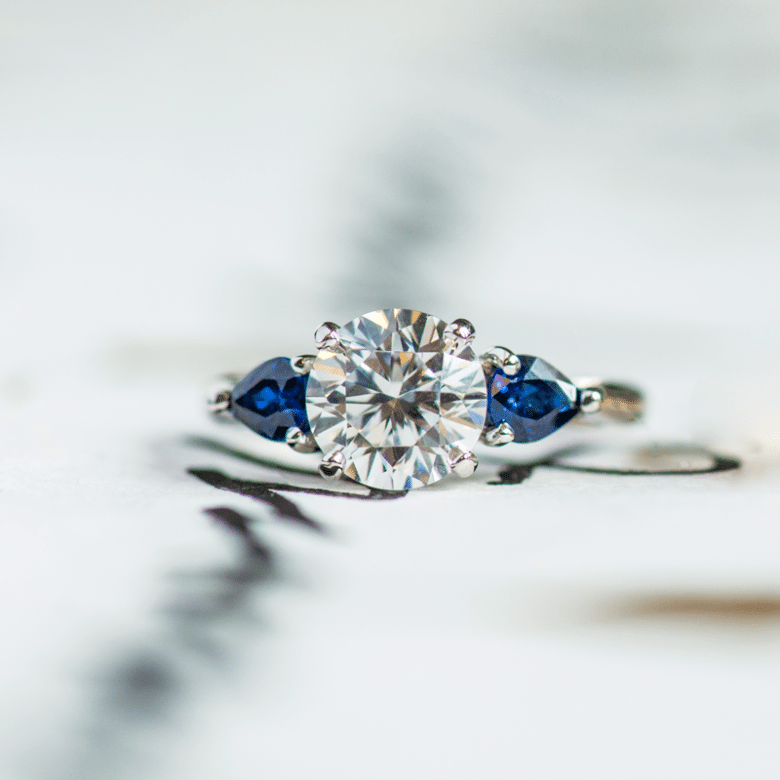 White Gold Three Stone Pear Shaped Blue Sapphire Engagement Ring