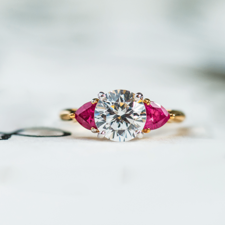 White Gold Three Stone Trillion Shaped Ruby Original Engagement Ring