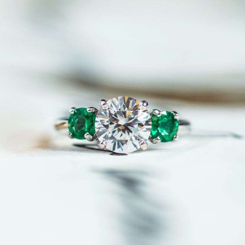 White Gold Three Stone Round Emerald Engagement Ring