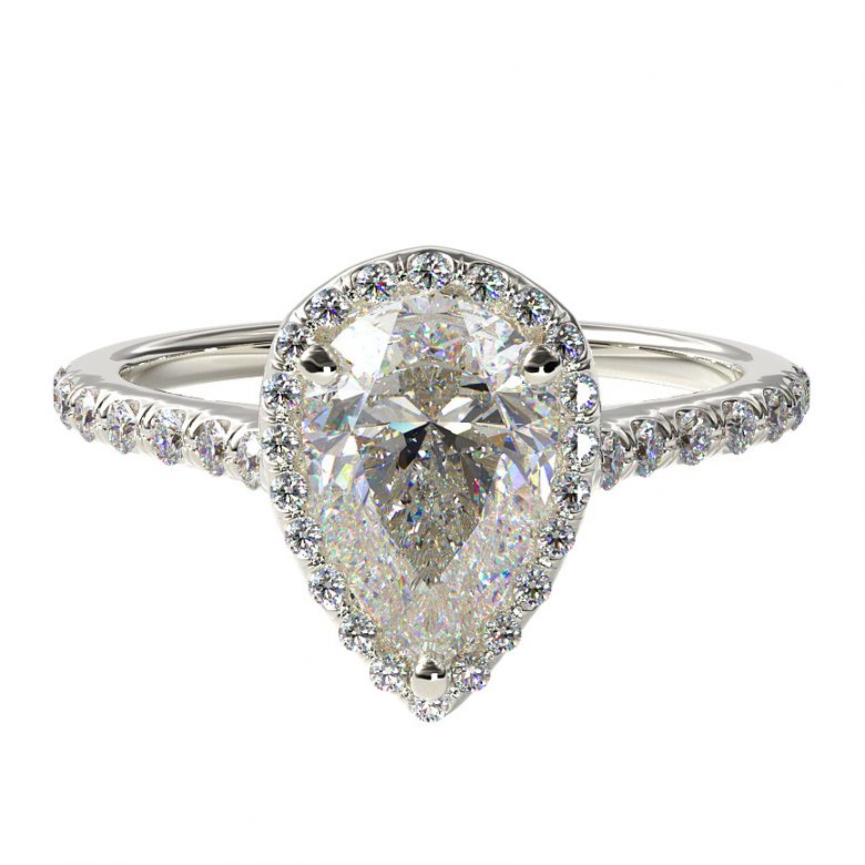 White Gold Pave Halo and Shank Diamond Engagement Ring with Pear Center