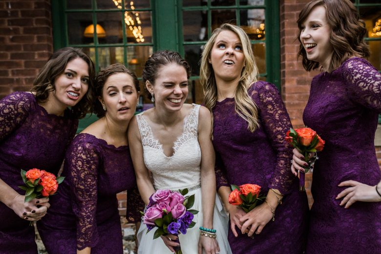 bride and bridesmaids making faces
