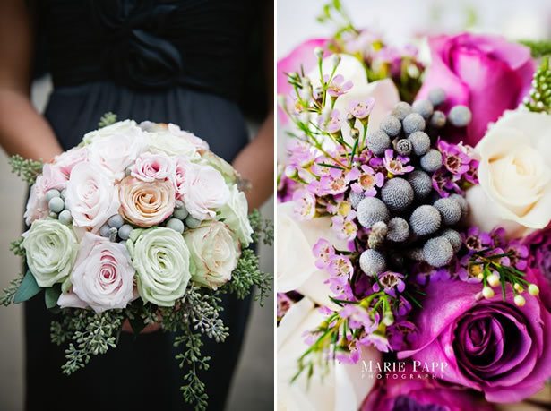 silver brunia balls in wedding bouquet