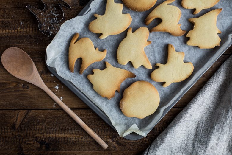 halloween cookies on a baking sheet
