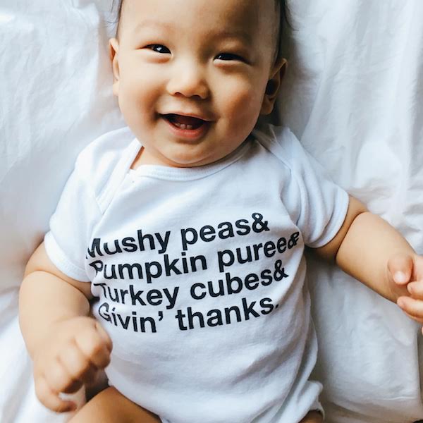 thankful cheerily too young to wed thanksgiving baby onesie