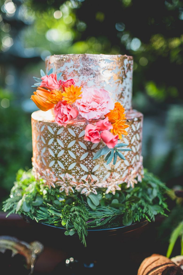 metallic and floral wedding cake