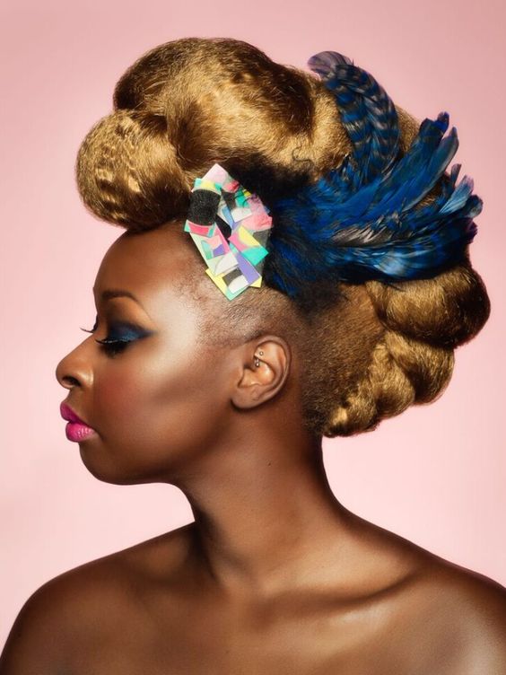 wedding updos hairstyle on natural hair, fauxhawk with feathers
