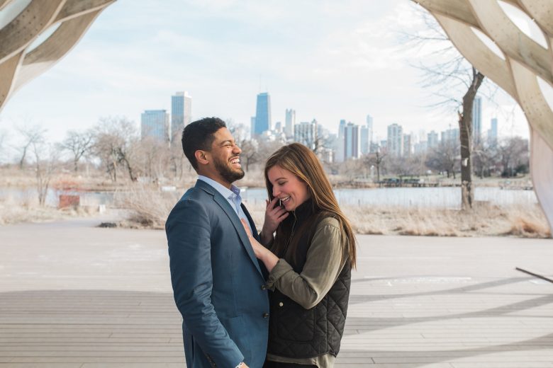 a couple celebrating their engagement in chicago