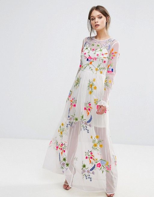 white slip dress with emrboidered floral long sleeve sheer overlay