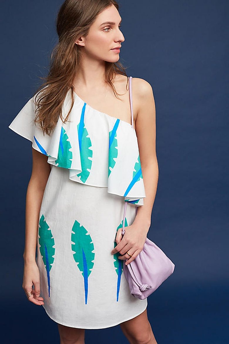 tropical leaf print one shoulder ruffle mini dress