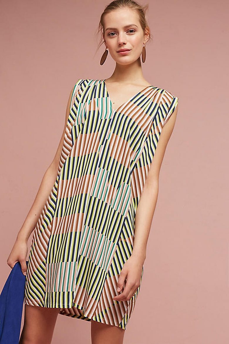 mini striped shift dress on woman model