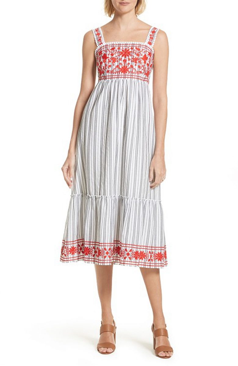 sleeveless black and white stripe peasant dress with red embroidery