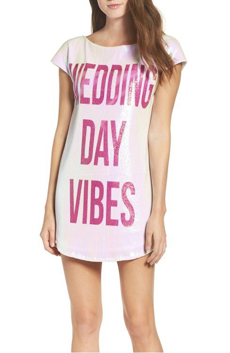 wedding day vibes sequined shift on brunette woman