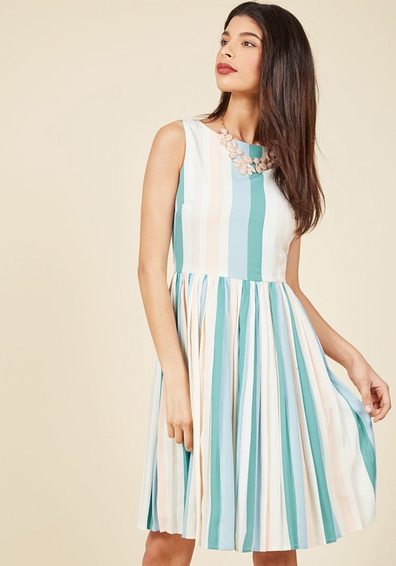 striped green and yellow sleeveless fitted waist dress