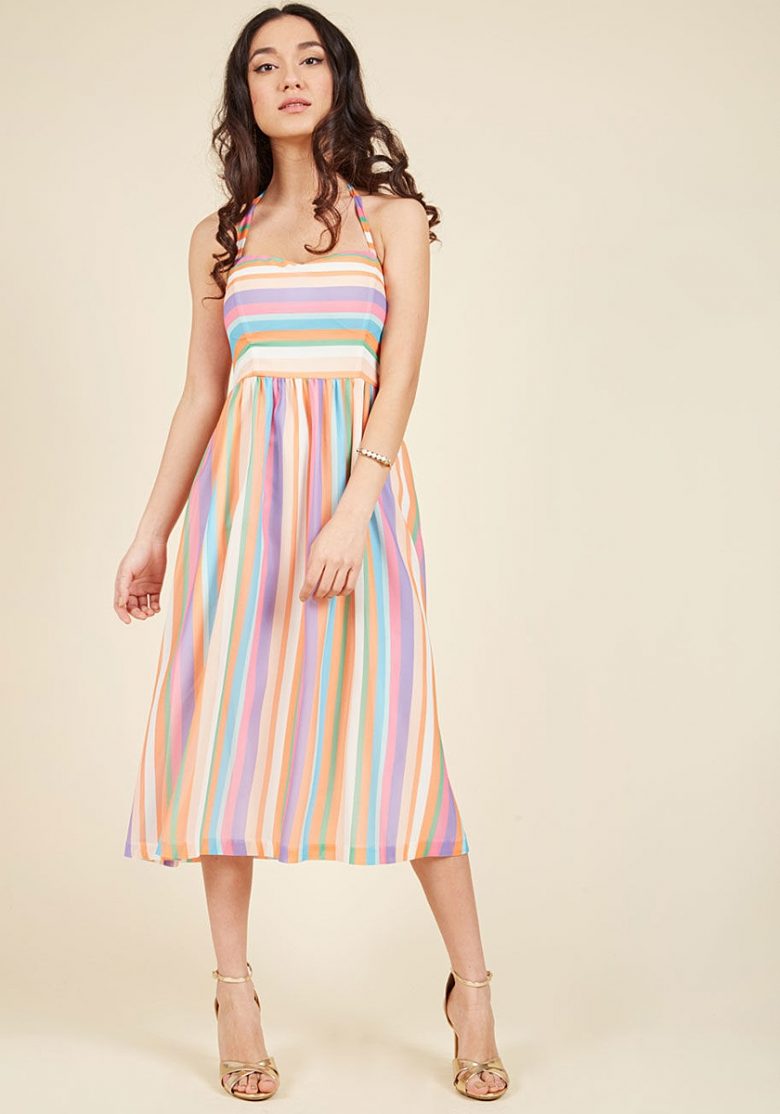 multicolor stripe halter dress on woman 