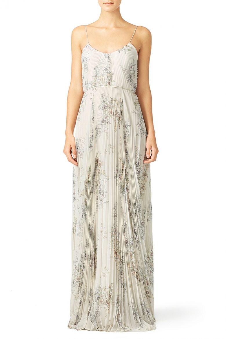 strappy maxi dress with pleated floral details 