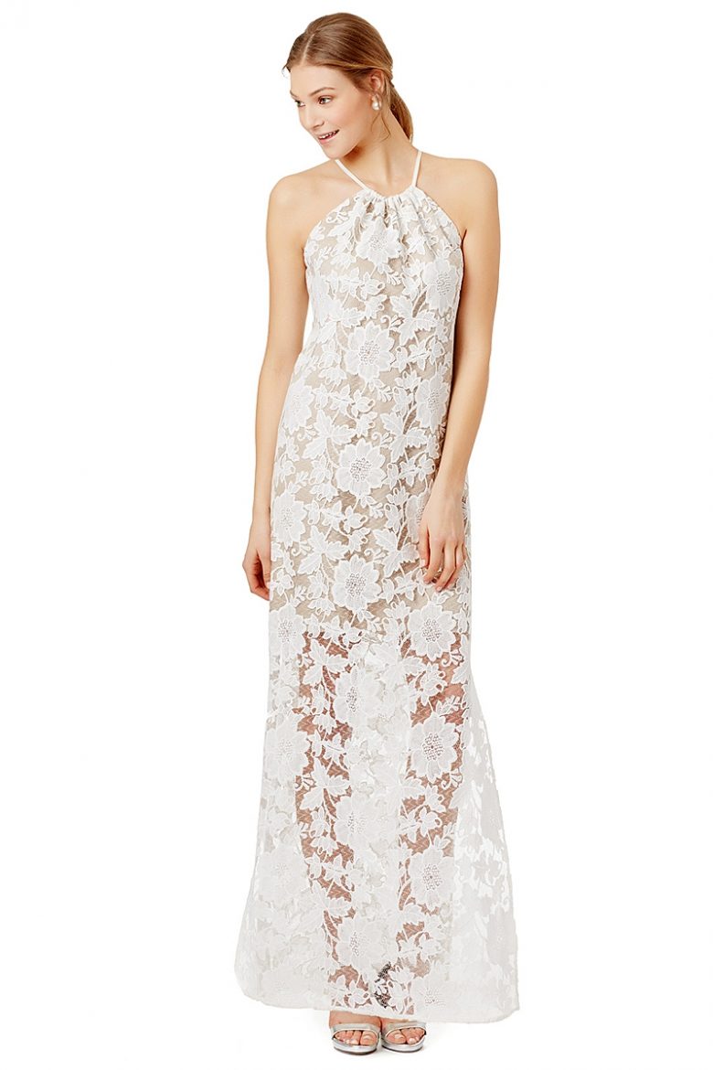 halter maxi dress with sheer lace overlay in white