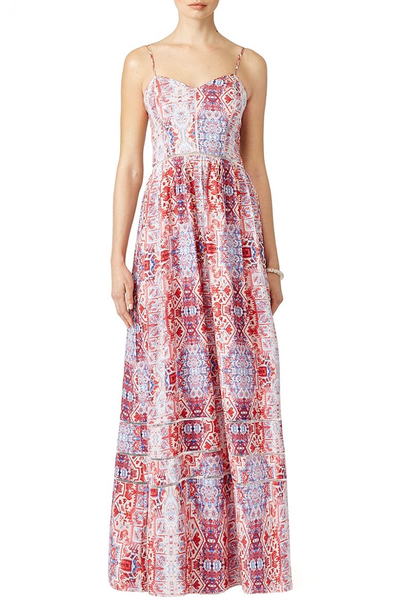 maxi dress with blue and red abstract print 