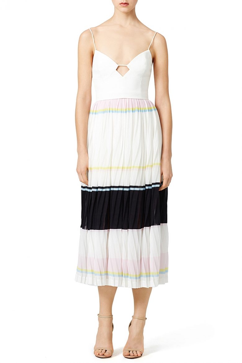 dress with fitted cutout top and colorblock white black and pink pleated bottom