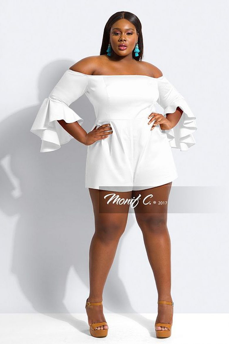 black woman in dropped shoulder trumpet sleeve white romper