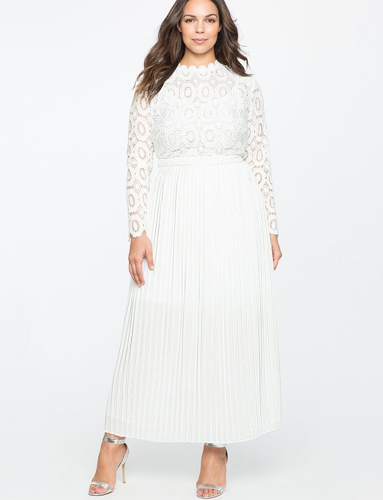 woman in long sleeved lace and pleated white dress