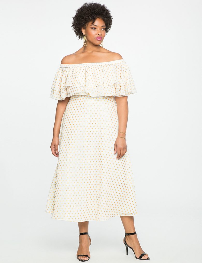 black woman in off the shoulder cream ruffle bridal shower dress with gold details