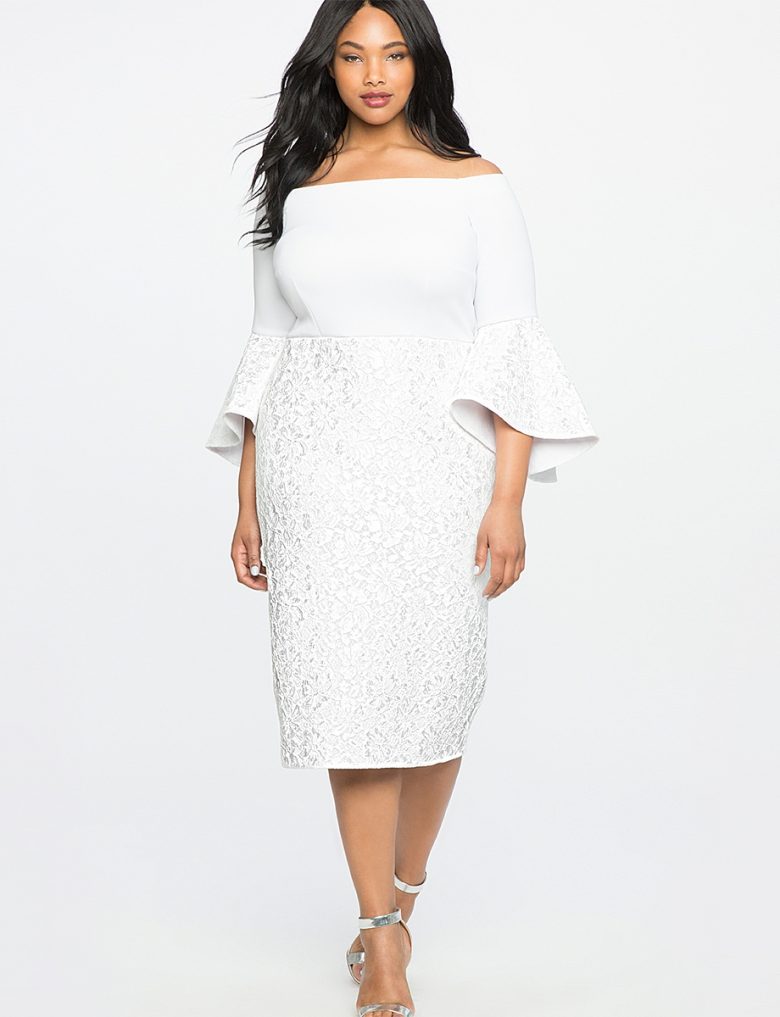 dropped shoulder trumpet sleeve fitted dress plus size on woman