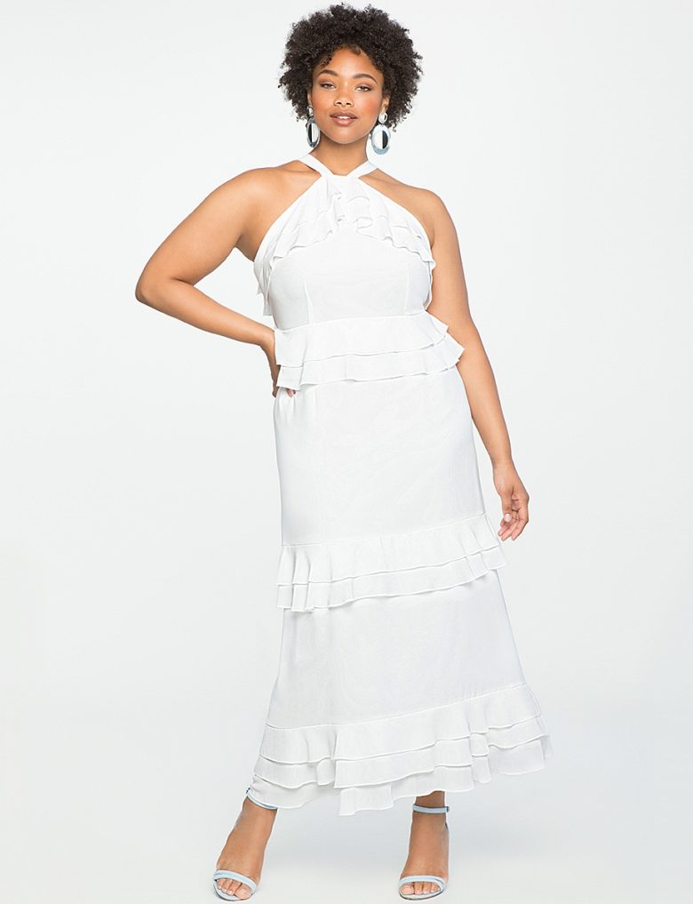 ruffled halter white dress defined waist 