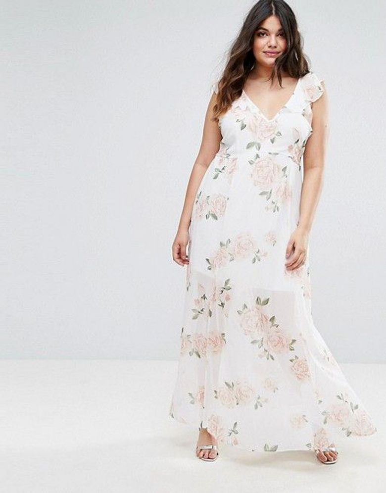 v neck floral white dress with sheer and ruffle details