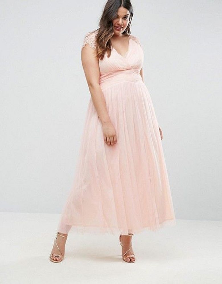 tulle rose v neck ankle length dress with lace cap sleeves